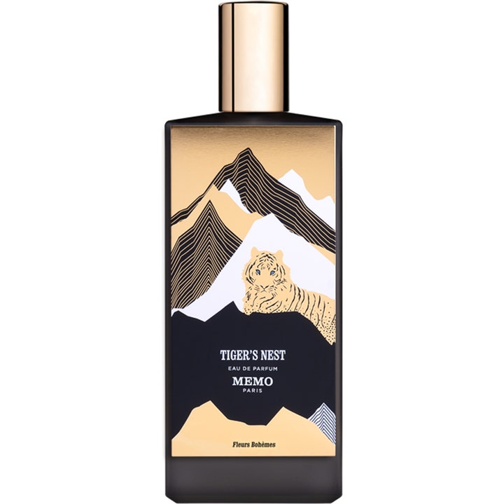 Memo Paris Tiger's Nest parfym 75 ml kryddig unisexparfym i svart flaska med guldkork och motiv av berg och en tiger