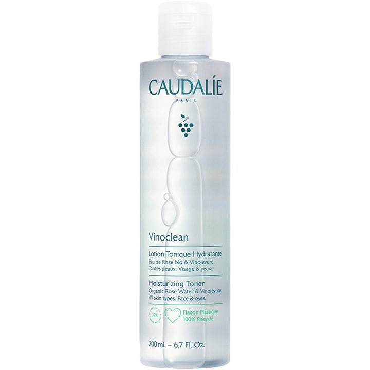 Caudalie Vinoclean Moisturizing Toner 200 ml fuktgivande ansiktsvatten i genomskinlig plastflaska med vitt lock