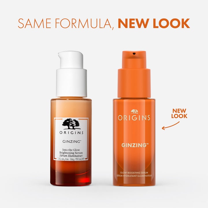Origins GinZing Into the Glow Serum 30 ml dagligt glow serum i ny orange design och gammal förpackning.