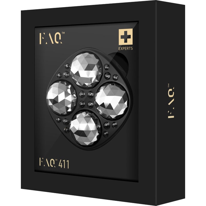 FAQ Swiss FAQ 411 kroppsverktyg för rödljusterapi och mikroström i svart förpackning med fasettslipade silverkulor.
