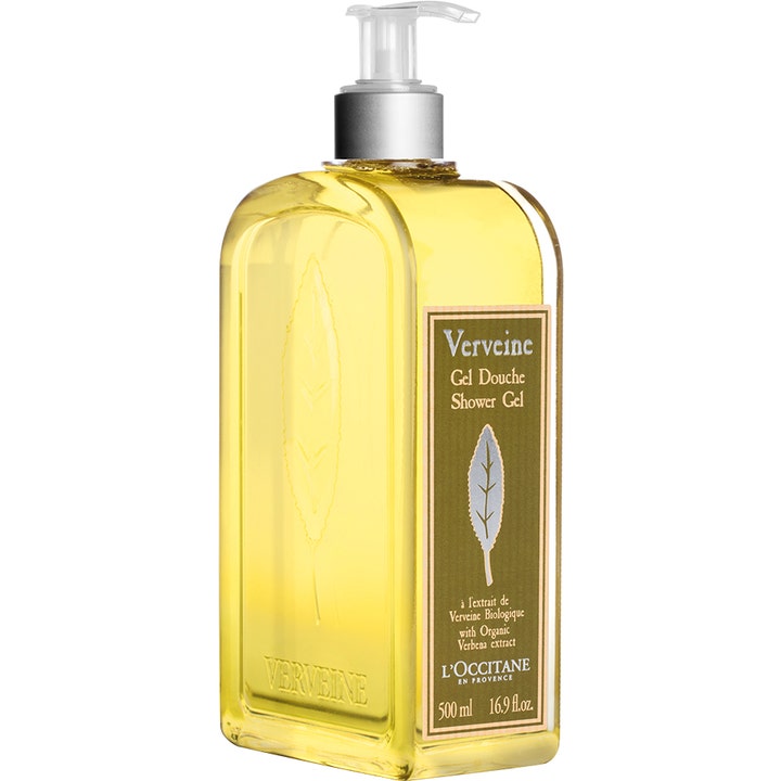 L'Occitane Verbena 500 ml uppfriskande l'occitane duschgel i genomskinlig pumpflaska med gul vätska och präglat löv på sidan