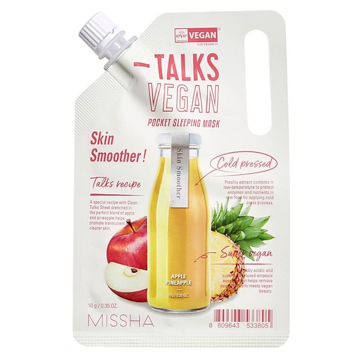 Missha Talks Vegan Pocket Sleeping Mask 10 g vegansk sovmask ger slätare hy i vit klämpåse med motiv av äpple och ananas