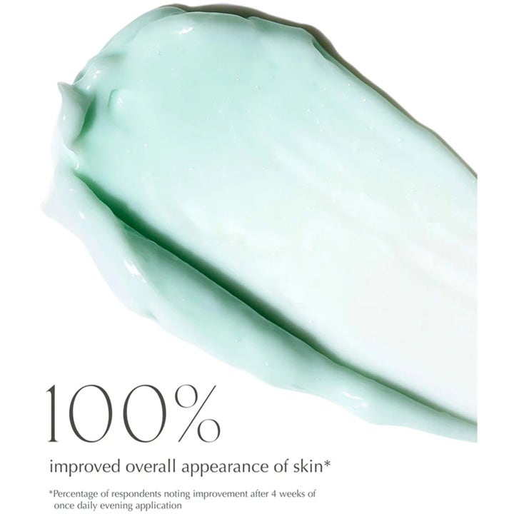Exuviance Overnight Transformation Complex 50 g nattkräm komplex med ljusgrön krämig textur och texten 100% improved appearance.