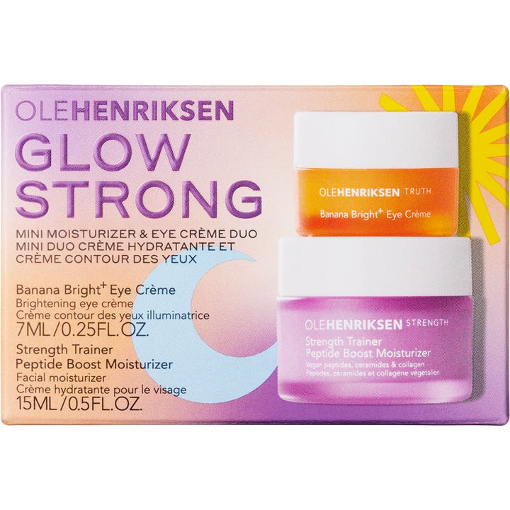 Olehenriksen Glow Strong Mini Duo 7ml och 15ml hudvård som ger lyster och fukt i lila och orange ytterförpackning.