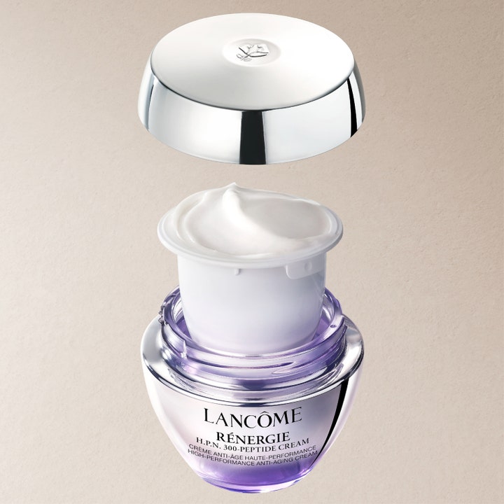 Lancôme Rénergie H.P.N. 300-Peptide Cream 50 ml antiaging dagkräm visar vit 300 peptidkräm som refill i lila glasburk.