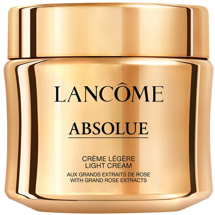 Lancôme Absolue Crème Légère lyxig ansiktskräm för hudföryngring med rosenextrakt i en glänsande guldfärgad burk.