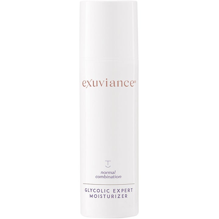 Exuviance Glycolic Expert Moisturizer 50 ml AHA ansiktskräm och fuktkräm i en vit stilren pumpflaska.