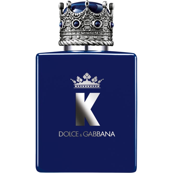 Dolce & Gabbana K Elixir 50 ml herrparfym i en mörkblå flaska med en detaljerad silverfärgad kronkork