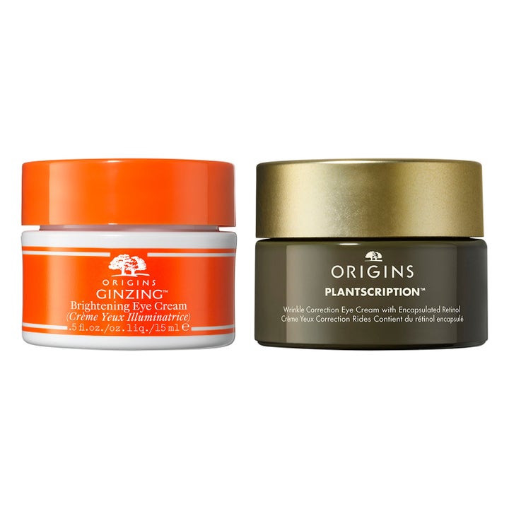 Origins GinZing och Plantscription 15 ml ögonkrämer i orangevit och mörkgrön burk som ger lyster och motverkar rynkor.