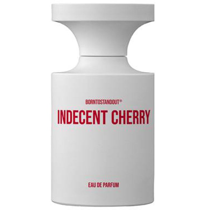 BornToStandOut Indecent Cherry Eau de Parfum 100ml körsbärsparfym i vit matt flaska med röd text och utsvängd kork
