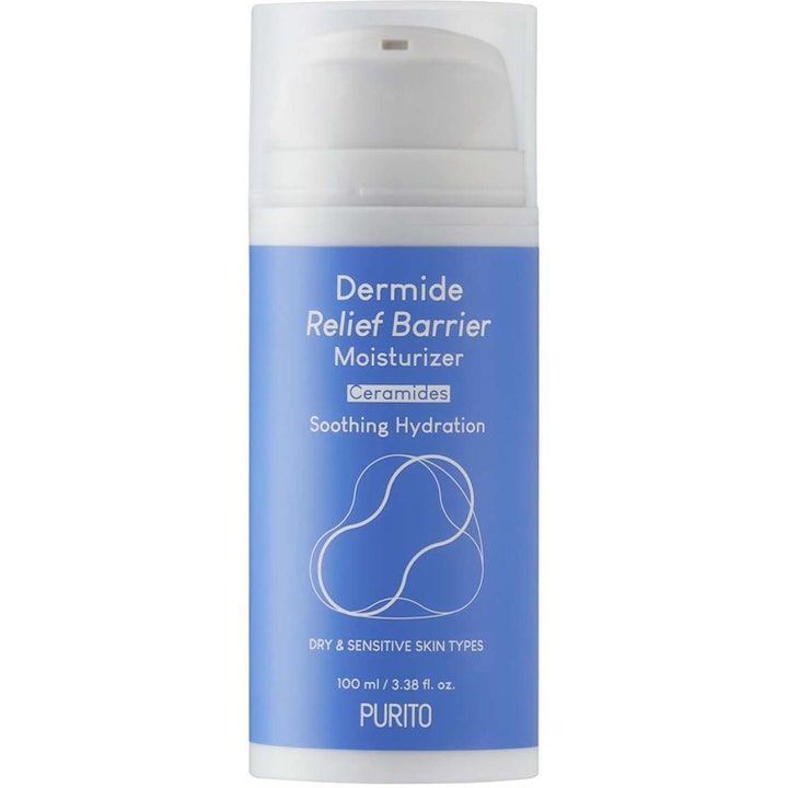 Purito Dermide Relief Barrier Moisturizer 100 ml barriärstärkande kräm ceramider som lugnar i vit flaska med blå etikett