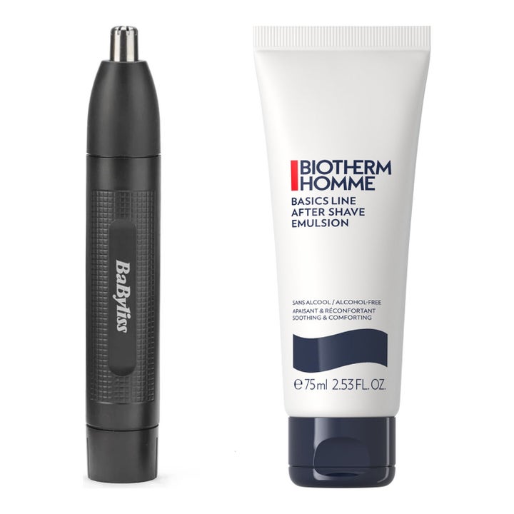 BaByliss For Men trimmer och Biotherm Homme After Shave Emulsion 75 ml ger lugnande vård i vit tub och svart trimmer.