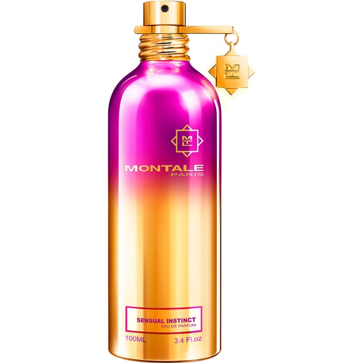 Montale Sensual Instinct 100 ml Eau De Parfum i en metallisk flaska med lila och guldgradient samt dekorativt guldhänge