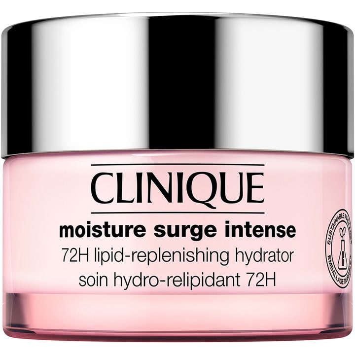 Clinique Moisture Surge Intense 72H är en 72 timmars återfuktande ansiktskräm i en rosa glasburk med blankt silverlock.
