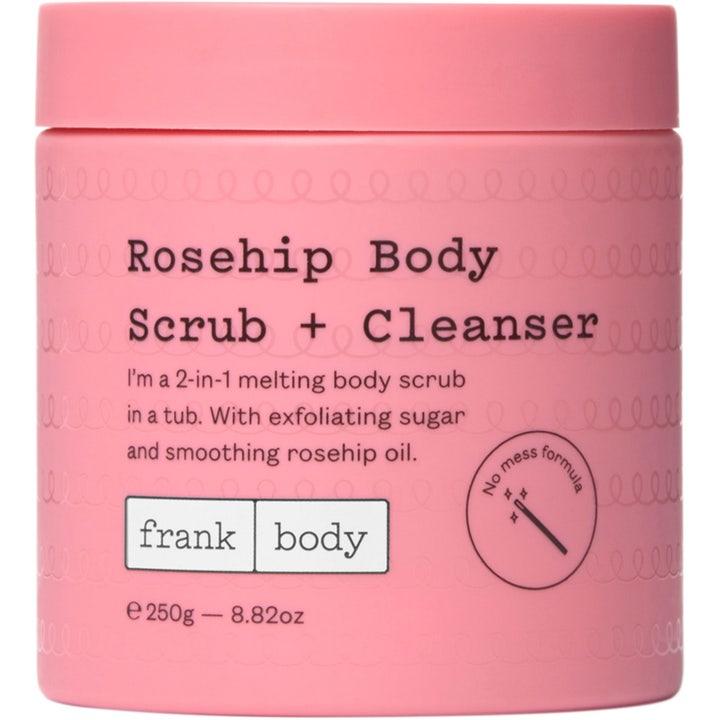 frank body Rosehip Body Scrub + Cleanser 250g exfolierande kroppsskrubb med rosenoljan i en rosa burk för mjuk hud