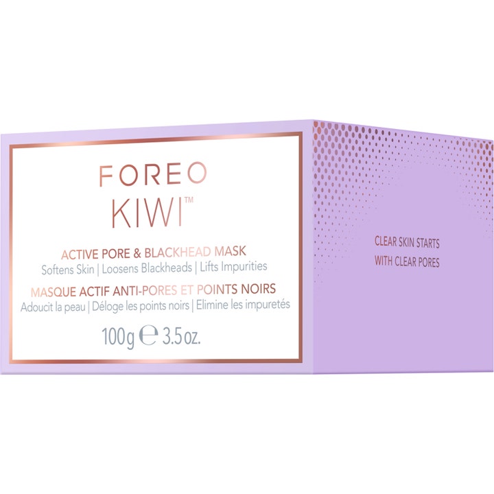 FOREO KIWI Active Pore & Blackhead Mask 100 g aktiv ansiktsmask mot pormaskar i ljuslila box med text i roséguld