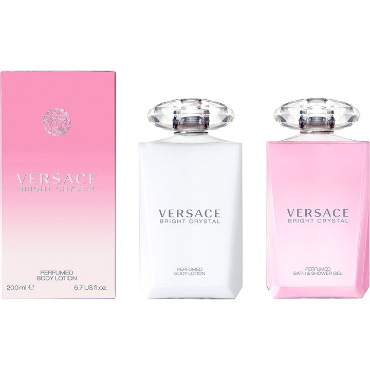 Versace Bright Crystal 200 ml väldoftande duschtvål i rosa flaska med kristallkork och matchande förpackning.