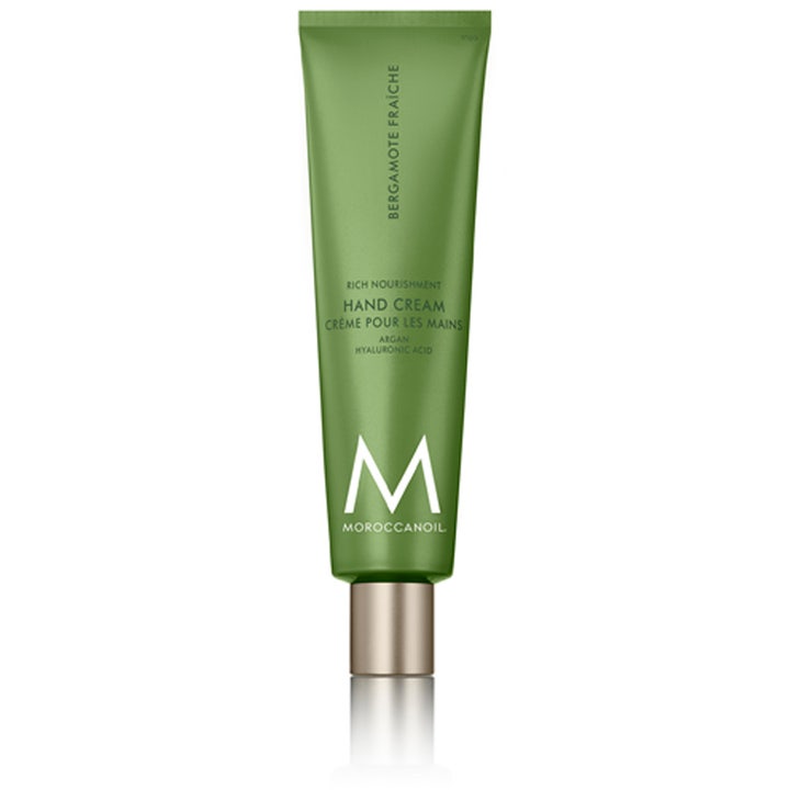 Moroccanoil Bergamote Fraîche Hand Cream mjukgörande arganolja handkräm i en matt grön tub med silverfärgad kork