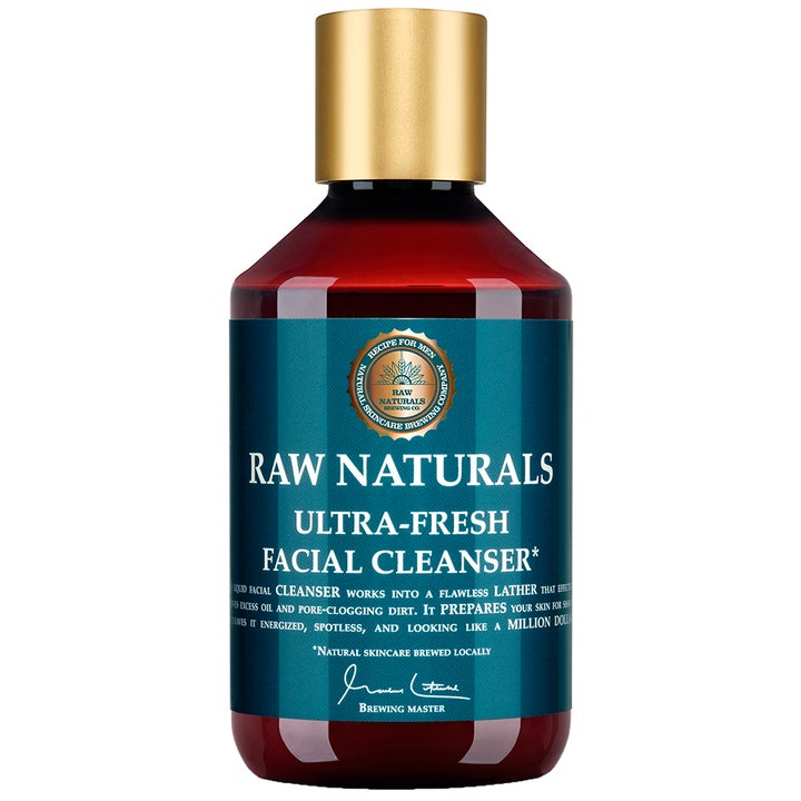 Raw Naturals Ultra-Fresh Facial Cleanser ansiktstvätt för fräsch hud i brun plastflaska med blå randig etikett och guldkork.