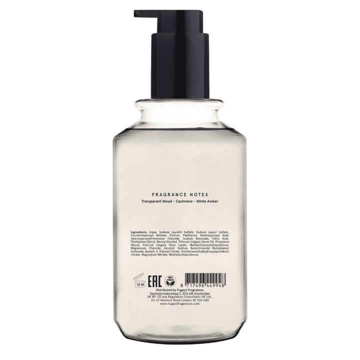 Fugazzi Angel Dust Body Wash 250 ml vegansk duschtvål i transparent flaska med svart pump och synliga parfymnoter