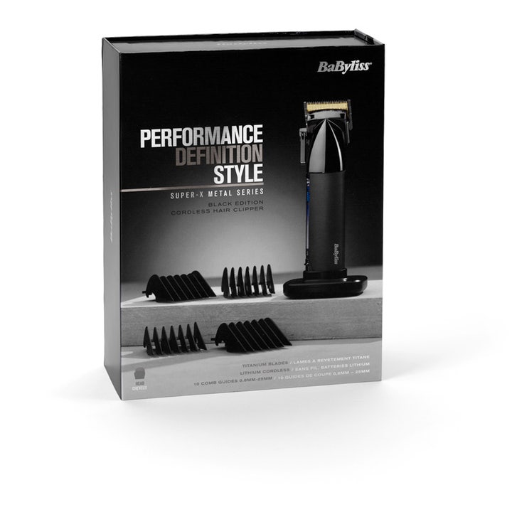 BaByliss Super X Metal Hair Clipper 1 st sladdlös klippare i svart box med titanblad och tillbehör.