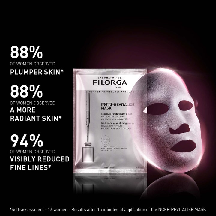 Filorga NCEF-Revitalize Mask 20 ml lystergivande sheet mask bredvid en glödande ansiktsmask och produktfördelar.