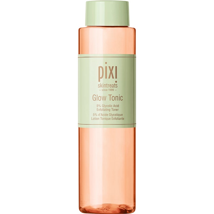 Pixi Glow Tonic 250ml exfolierande toner med glykolsyra i en bärnstensfärgad flaska med ljusgrönt lock.