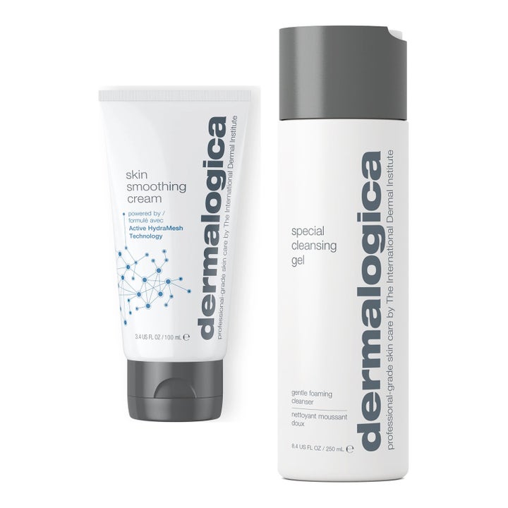 Dermalogica Special Cleansing Gel och Skin Smoothing Cream ger ren återfuktad hud i vit flaska och tub med gråa lock