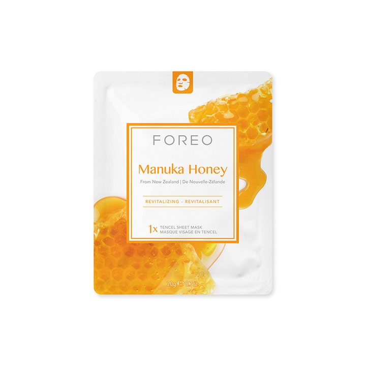 FOREO Farm To Face Manuka Honey 20 g revitaliserande ansiktsmask i vit förpackning med motiv av gyllene honung.
