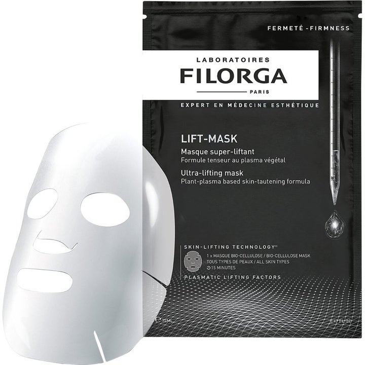 Filorga Lift-Mask uppstramande ansiktsmask i svart förpackning med en vit bio-cellulosamask för lyftande effekt.