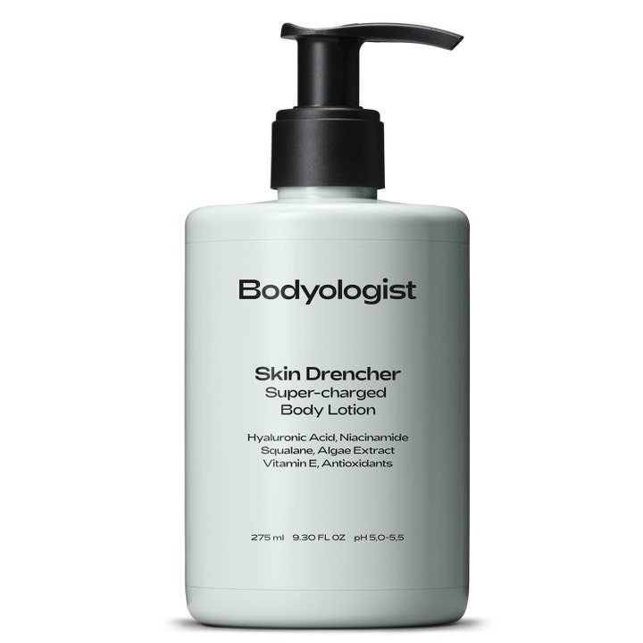 Bodyologist Skin Drencher 275 ml återfuktande body lotion med niacinamide i ljusgrön flaska med svart pump.