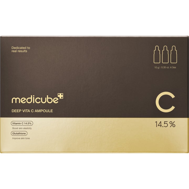 Medicube Deep Vita C Ampoule 3x10g lystergivande serum i en stilren mörkbrun och guldfärgad ytterförpackning.