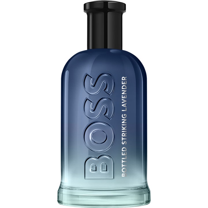 Hugo Boss Bottled Striking Lavender 200ml edp i en blåtonad glasflaska med svart lock och präglad logotyp