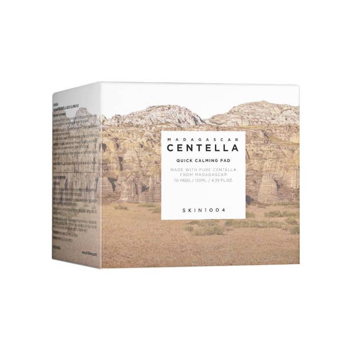 SKIN1004 Madagascar Centella Quick Calming Pad 130 ml anti-rodnad hudvård i ytterkartong med landskapsmotiv