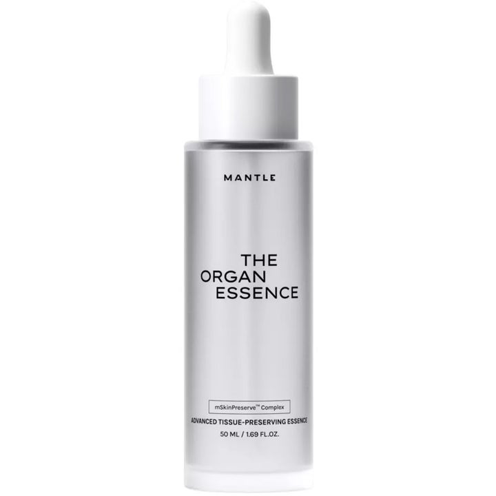 Mantle The Organ Essence 50 ml återfuktande ansiktsessence i stilren frostad glasflaska med vit pipett.