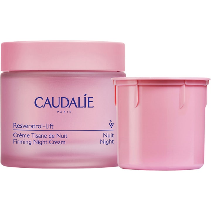 Caudalie Resveratrol-Lift Firming Night Cream 50ml uppstramande resveratrol hudvård i rosa glasburk med refillinsats.