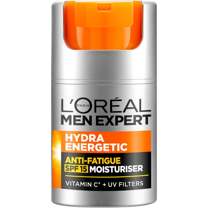 L'Oréal Men Expert Hydra Energetic anti-trötthet dagkräm med spf 15 i silverfärgad pumpflaska med orange topp