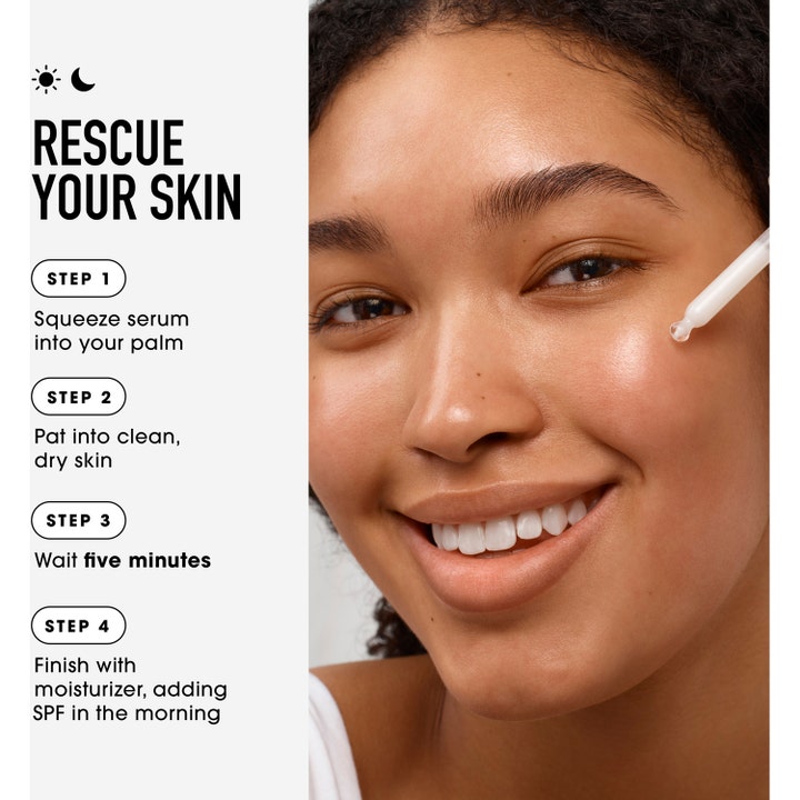 bareMinerals Skin Rescue Pure Smooth Serum 30 ml ger lyster och appliceras med pipett på kinden.