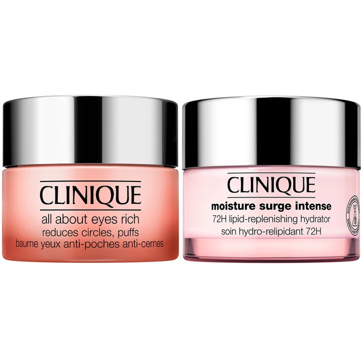 Clinique All About Eyes Rich och Moisture Surge Intense återfuktande hudvård i persikofärgad och rosa burk med silverlock.