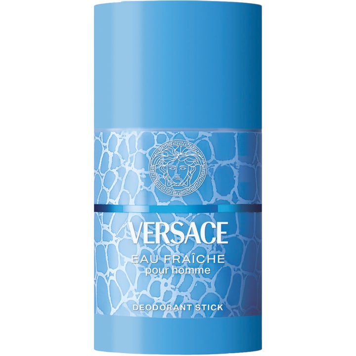 Versace Eau Fraîche Deodorant Stick 75ml ger en fräsch känsla i en ljusblå hylsa med böljande vattenmönster.