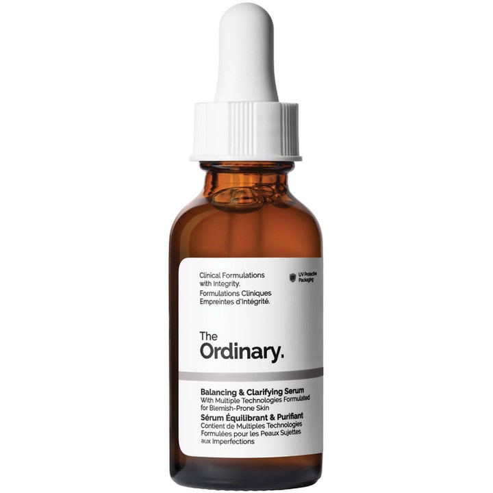 The Ordinary Balancing & Clarifying Serum 30 ml balanserande serum för oren hy i bärnstensfärgad glasflaska med vit pipett.