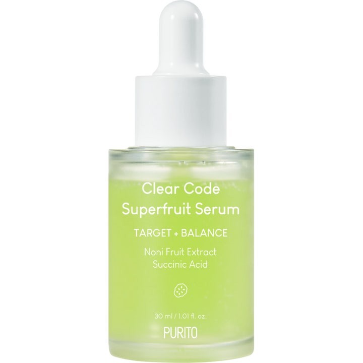 Purito Clear Code Superfruit Serum 30 ml balanserande superfrukt serum i glasflaska med vit pipett och limegrön vätska.