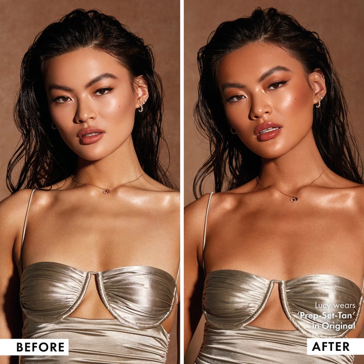 ICONIC London Prep Set Tan Original 75 ml brun utan sol visar före och efter resultat för solkysst hy med lyster