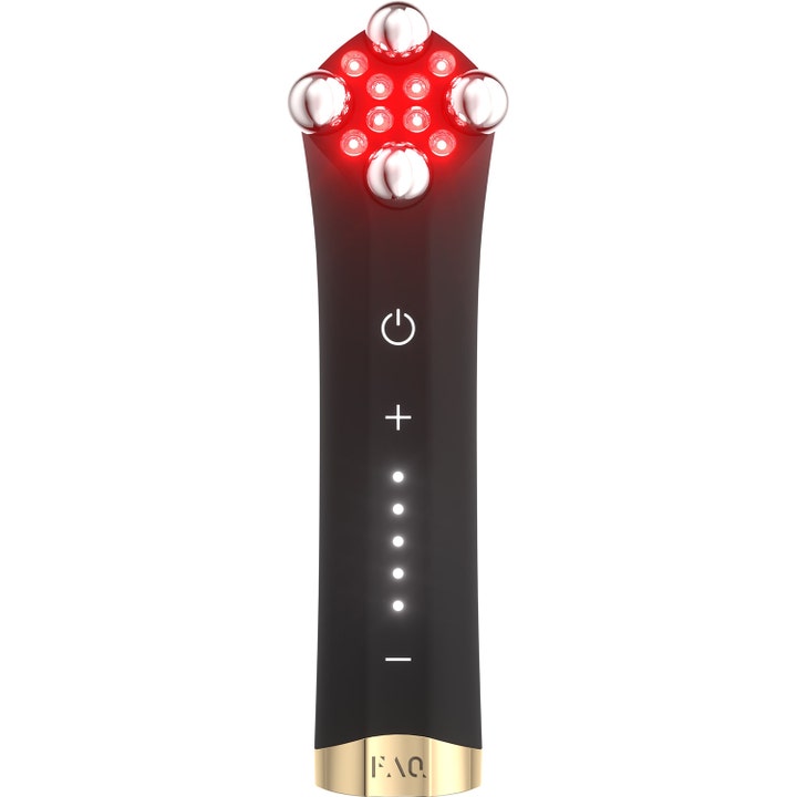 FAQ 101 ansiktsapparat 1 st för hudföryngring i elegant svart design med röda LED-lampor och silverfärgade massagekulor.