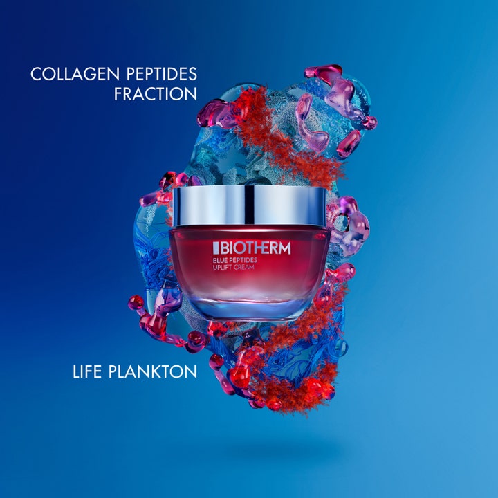 Biotherm Blue Peptides Uplift Cream 50 ml återfuktande ansiktskräm för fastare hud i röd glasburk med blått plankton