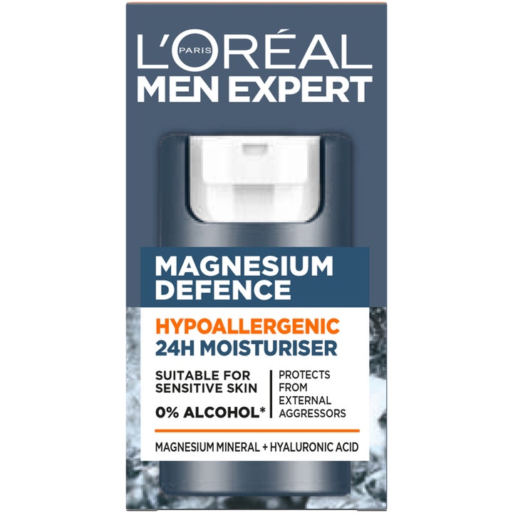 L'Oréal Paris Men Expert Magnesium Defence 50 ml hypoallergen ansiktskräm för män i blå och vit förpackning.