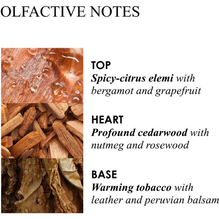Molton Brown Tobacco Absolute duschgel 300 ml visar doftnoter av röktobak, cederträ och citrus i en infografik.