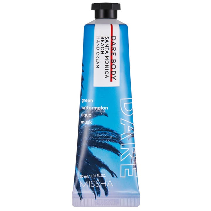 Missha Dare Body Santa Monica Beach 30 ml parfymerad handkräm mini i blå tub med sommarparfym och palmblad