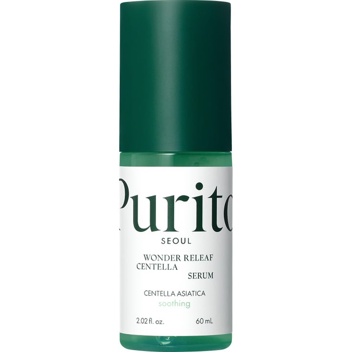 Purito Wonder Releaf Centella Serum 60 ml lugnande serum i grön pumpflaska med mörkgrönt lock och vit etikett