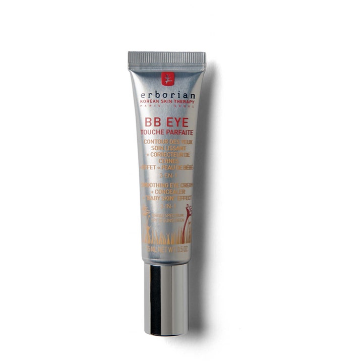 Erborian BB Eye Touche Parfaite 15 ml är en 3-in-1 återfuktande ögonkräm med bb-effekt i en silvrig tub.